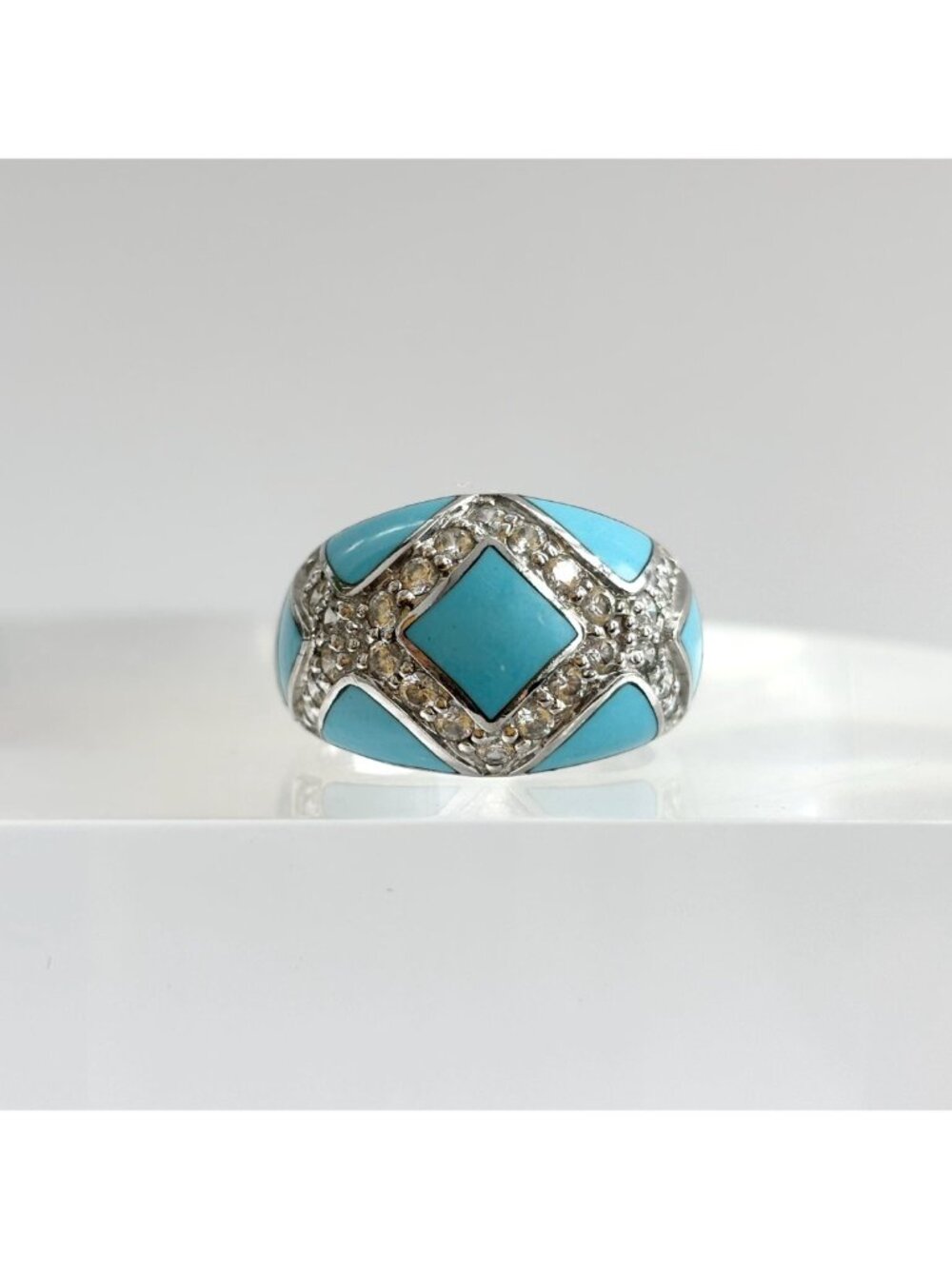 Sleeping Beauty Turquoise Geometric Sterling Silver 925 Vintage Ring - sz 7.75 - Picture 13 of 14